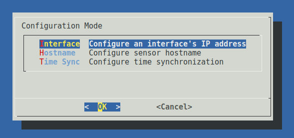 Selection to configure network interfaces, hostname, or time synchronization