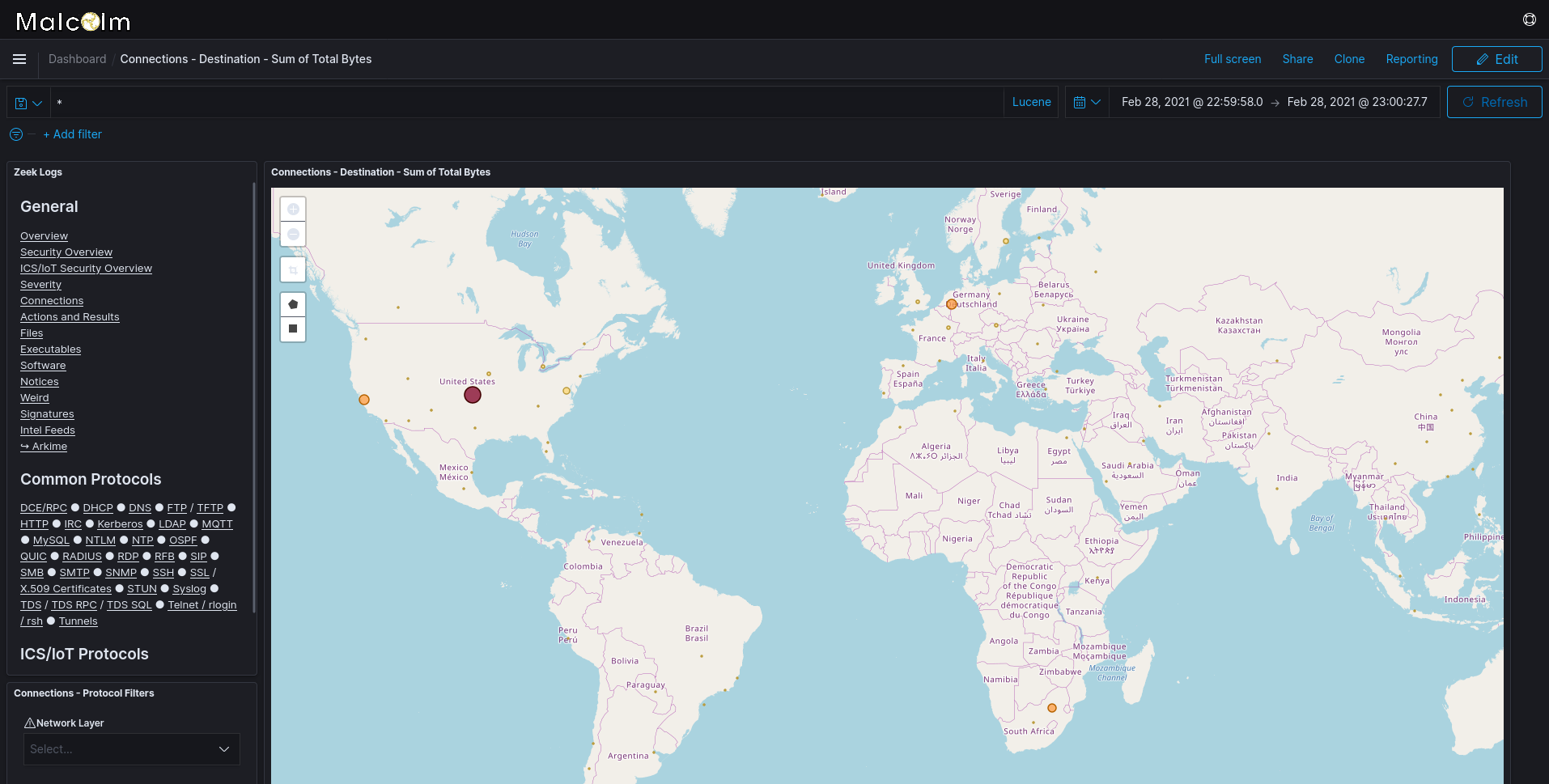 There are several Connections visualizations using locations from GeoIP lookups