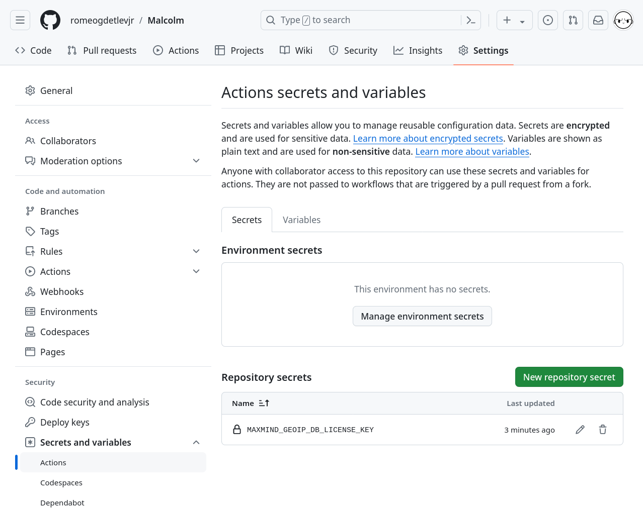 GitHub Actions secrets and variables